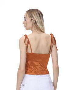 Details: Satin camitop with tie shoulder designLength: ShortSleeve Length: SleevelessMaterials: 95% Cotton + 5% Spandex Orange Corset Top, Satin Cami Top, Satin Cami, Maxi Dresses Casual, Maxi Dress Party, Crop Top Blouse, Shoulder Design, Dress Cuts, Knitwear Cardigan