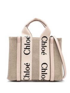 beige linen/flax leather trim logo-print strap two flat top handles detachable shoulder strap main compartment internal slip pocket square body Chloe Tote, Tote Bag Outfit, Chloe Logo, Leather Tote Bag Women, Tote Outfit, Mini Canvas, Medium Tote, Pink Beige, Open Top