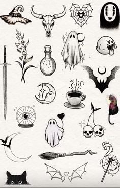 various halloween tattoos on white paper with bats, skulls and other items in the background