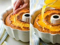 two images show how to make an upside down bundt cake with orange juice being drizzled on top