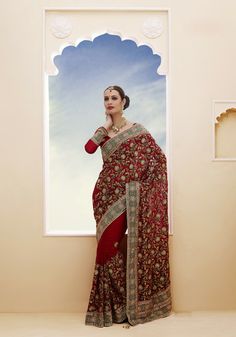 USD 92.03 Maroon Faux Georgette Resham Work Wedding Saree  32447 Saree Wedding, Lowest Price