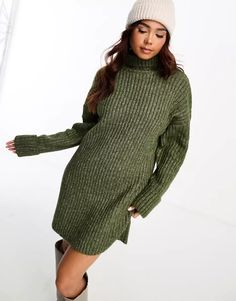 ASOS DESIGN knit sweater mini dress with high neck in khaki | ASOS Green Mini Sweater Dress For Winter, Fall Khaki Mini Dress, Green Ribbed Mini Dress For Winter, Green Ribbed Mini Dress For Fall, Green Knee-length Winter Mini Dress, Green Knee-length Mini Dress For Winter, Casual High Neck Mini Dress For Winter, Dress With High Neck, Design Knit