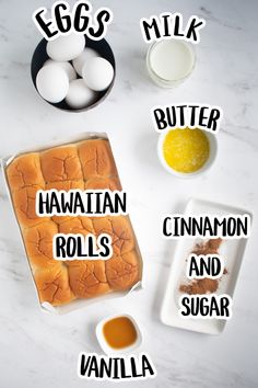 the ingredients for an egg milk sandwich laid out on a table