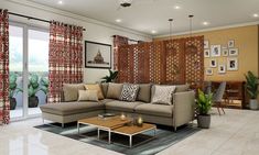 a living room filled with furniture next to a window covered in red and white curtains