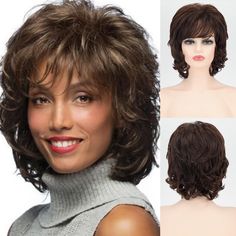 PRICES MAY VARY. The short wig has brown mixed dark brown hair,is natural and real, layered curls make the wig more elegant, bangs is natural, the short mixed brown curly wigs for women can give you a new look, help you easily to get tones of compliments The short brown wavy wig has average size, 22±0.5inch, two elastic straps can be adjusted between 8 gears to fit most women head size, breathable inner net also is soft and comfort. The brown wig is easily to style, only need you shake it and co Short Wavy Wigs, Wigs For White Women, Short Curly Pixie, Layered Curls, Party Wig, Wavy Wigs, Curly Bob Wigs, Grey Wig, Natural Wigs