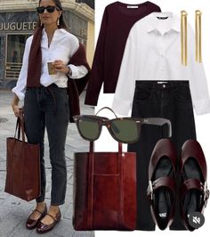 Burgundy Shoes And Bag Outfit, Brown Wool Blazer Outfit Women, Brown Winter Blazer With Buttons, Burgandy Loafers Outfit, Office Jeans Outfit Casual Fridays, Maroon Loafers Outfit Women, Burgundy Winter Outfits, Brown Button Down Shirt Outfit, Burgundy Loafers Outfit Women