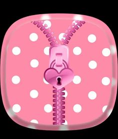 a pink and white polka dot phone with a heart shaped lock on it's side