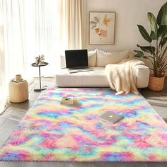 a living room area with a rug, couch and laptop on the floor in front of a window