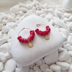 Simple, delicate and fun this hoop earrings are the perfect piece for everyday wear. ~Red Coral semi precious stones, 925 Sterling Silver sun motif ~Crafted in 925 Sterling silver with 14k gold plating ~Earring drop at 3.5cm ~Every item is handmade to order in Chania for you by me and the production time before shipping is 1-3 business days Small Red Hypoallergenic Hoop Earrings, Red Hypoallergenic Hoop Jewelry, Red Hoop Earrings For Gift, Trendy Red Nickel-free Hoop Earrings, Red Adjustable Hypoallergenic Hoop Earrings, Nickel-free Red Hoop Earrings, Nickel Free Red Hoop Earrings, Red Small Hoop Earrings, Red Hypoallergenic Dangle Hoop Earrings