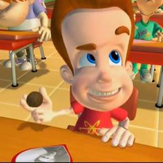 a cartoon character sitting at a table in front of a group of children eating food