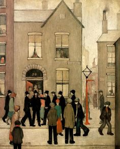 a painting of people walking on the sidewalk in front of a building with lots of windows