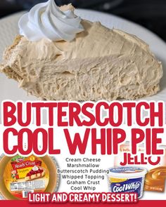 Butterscotch Cool Whip Pie Cool Whip Pie, Annie Campbell, Colorado Recipes, Cool Whip Pies, Cool Whip Desserts, Pudding Pie, Creamy Pudding, Jello Desserts, Butterscotch Pudding