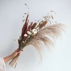 a person holding a bunch of dried flowers in their hand with white wall behind them