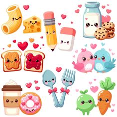 a bunch of food that is on a white background with hearts and other things around it