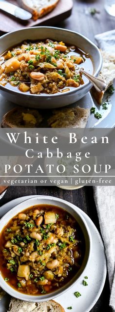 white bean and cabbage potato soup with bread on the side