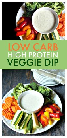 low carb high protein veggie dip on a plate with broccoli and carrots