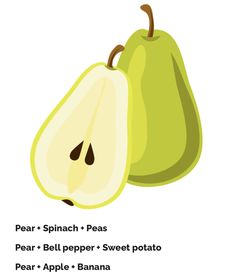 two pears and one apple are shown with the words pear - spinach peas