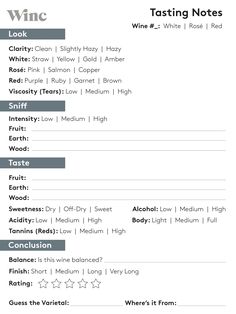 the wine list for tasting notes