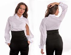 Shirt in non-standard asymetrical style Material: cotton Fabric: cotton-97%elastane-3% Details - band and collar - raglan sleeves - asymmetrical buttoned placket - buttons are on the left side to the sleeve - long sleeves  - double bouttons cuffs - dart pleated cuffs - a hole of the left sleeve SIZES: Tops and Bottoms Size XS                                                                                                  bust- around 34" / 84 cm  waist- around 24''/ 62 cm hips- around 34''/ 86 c Stretch Office Blouse With Buttons, Elegant Stretch Blouse With Buttons, Fitted Cotton Asymmetrical Shirt, Fitted Casual Asymmetrical Shirt, Fitted Asymmetrical Office Top, Fitted Asymmetrical Office Blouse, Stretch Long Sleeve Office Shirt, Long Sleeve Stretch Shirt For Office, Stretch Office Shirt