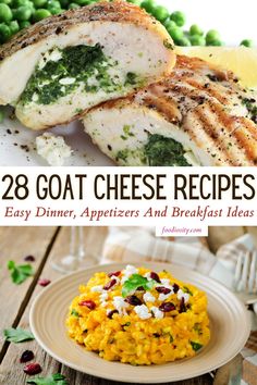 the cover of 28 goat cheese recipes for easy dinner, appetizers and breakfast ideas