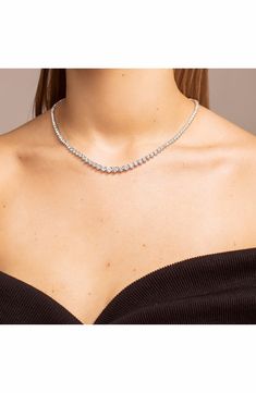 A graduated line of lab-created diamonds shimmers across this 14-karat-gold necklace that sends light dancing from every angle. 17" length Total lab-created-diamond weight: 10.00ct. Color: D–F Clarity: VS 14k gold/lab-created diamond Made in the USA >Diamond Guide This product meets Nordstrom Sustainably Sourced Materials criteria: contains at least 30% sustainably sourced materials Diamond White Diamond Cut Necklace For Evening, Dazzling Diamond Cut Necklace For Evening, Diamond Cut Diamond White Necklaces For Evening, Diamond Cut White Necklace For Evening, Diamond Cut Necklaces In Diamond White For Evening, Classic Evening Crystal Necklaces, Classic Evening Crystal Necklace, Classic Cubic Zirconia Necklace For Evening, Fine Jewelry Sparkling Cubic Zirconia Diamond Necklace