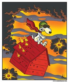 a cartoon dog sitting on top of a red box with flames coming out of it