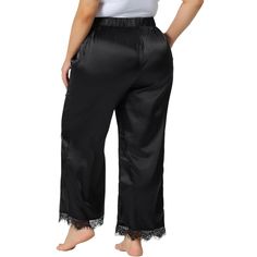 These satin lace trim pajama pants are designed for ultimate comfort and style. Made from a blend of 95% polyester and 5% spandex, these lounge pants are soft, lightweight, and have a little stretch for a loose fit without being too tight. The wide-leg design of these pants ensures freedom of movement and breathability, making them suitable for a variety of activities. From lounging at home and watching TV to going out, taking a vacation, or even walking the dog, these pants are versatile and es Black Lounge Bottoms With Lace Trim, Plus Size Satin, Leg Design, Watching Tv, Lounge Pants, Pants Black, Black Pants, Lace Trim, Pajama Pants