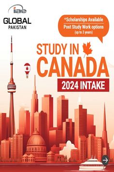 a poster with the words study in canada, and an image of a city skyline