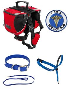 a red and black backpack with blue leashes, an i am a service dog badge and other items