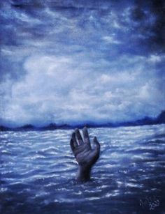 a painting of someone's hand in the water under a blue sky with clouds