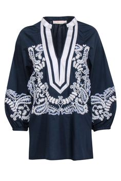 Current Boutique-Tory Burch - Navy & White Paisley Embroidered Tunic Sz XS Gucci Floral, Jacquard Shirt, Embroidered Tunic, Poplin Shirt, Navy White, Women's Tops, Womens Clothing Tops, Navy And White, Designing Women