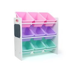 a toy shelf with several bins on it