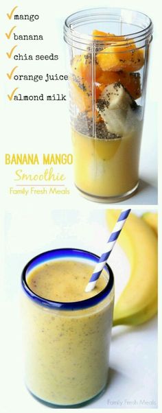 banana mango smoothie recipe in a blender with ingredients to make it taste better