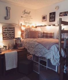 a bedroom with a bed, desk and shelves