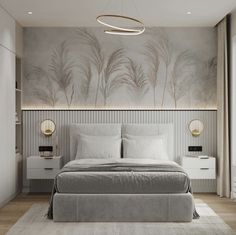 a bedroom with a bed, nightstands and paintings on the wall behind it in shades of gray