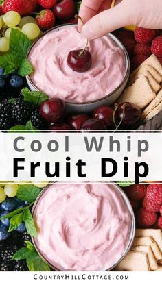 a bowl of fruit dip with the words cool whip fruit dip above it and berries around it