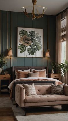 a bedroom with a bed, couch and painting on the wall