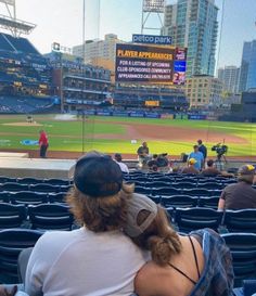 two people sitting in the stands at a baseball game, one is holding his arm around the other's shoulder