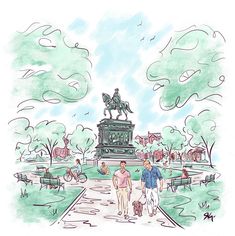 a drawing of two people walking their dog in front of a horse and carriage statue