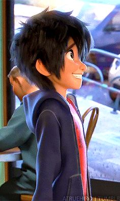 an animated boy is standing in front of a table