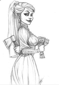 a drawing of a woman wearing a wedding dress and holding a flower in her hand