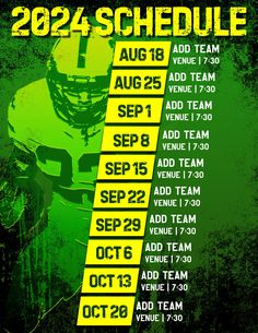 a green and yellow football schedule poster