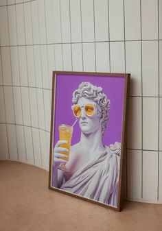 a painting of a woman with sunglasses holding a glass of orange juice in front of a white tiled wall