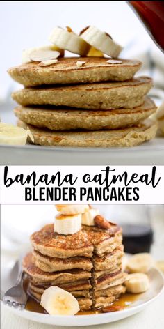 pancakes with banana slices and syrup on top are shown in this collage for breakfast