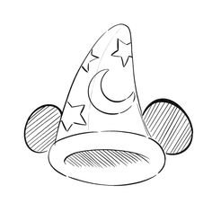 a black and white drawing of a party hat with stars on the top, drawn by hand