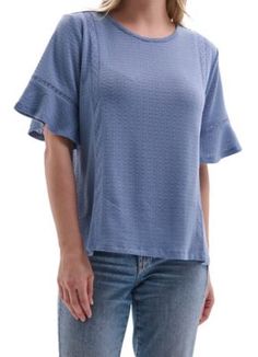 Como Vintage Women's Short Sleeve Flutter Knit Popover with Crochet Detailing Looking for a summer refresh? Como Vintage is featuring a new knit fabrication for the summer season! We call it our new summer crochet knit. Our short sleeve popover features a subtle flutter sleeve with crochet detailing around the arm and down the front. This fabric is soft, flowy and breathable with a crochet like knit. It comes in blue and mauve. Short Sleeve flutter with crochet Crochet details down the front Cre Textured Summer Beach Tops, Spring Textured Knit Top, Textured Beach Tops, Summer Short Sleeve Pointelle Knit Tops, Pointelle Knit Short Sleeve Tops For Summer, Summer Pointelle Knit Short Sleeve Tops, Casual Solid Color Pointelle Knit Tops, Textured Tops For Spring Beach Outings, Solid Knit Top For Summer Day Out