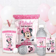 minnie mouse birthday party supplies including water bottle, cup, napkins and other items