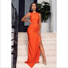 Red Dress Size M Elegant Orange Dresses For Gala, Orange Floor-length Prom Dress, Elegant Orange Maxi Dress For Prom, Orange Floor-length Dress For Gala, Fitted Orange Evening Dress For Gala, Red Ruched Evening Maxi Dress, Elegant Orange Prom Dress, Fitted Orange Evening Dress, Red Sleeveless Ruched Evening Dress