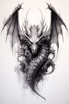 a black and white drawing of a dragon