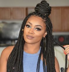 Box Braids in a Half Bun Braids 2022, Box Braids Bun, Box Braids Updo, Braids Boxbraids, Medium Box Braids, Blonde Box Braids, Short Box Braids, Jumbo Box Braids, Braided Bun Hairstyles